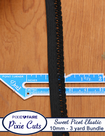 Pixie Faire Pixie Cuts Elastic Pre-Cut 3 Yard Bundle 10mm or 3/8 inch Sweet Picot Black Pixie Faire