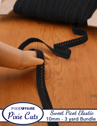 Pixie Faire Pixie Cuts Elastic Pre-Cut 3 Yard Bundle 10mm or 3/8 inch Sweet Picot Black Pixie Faire