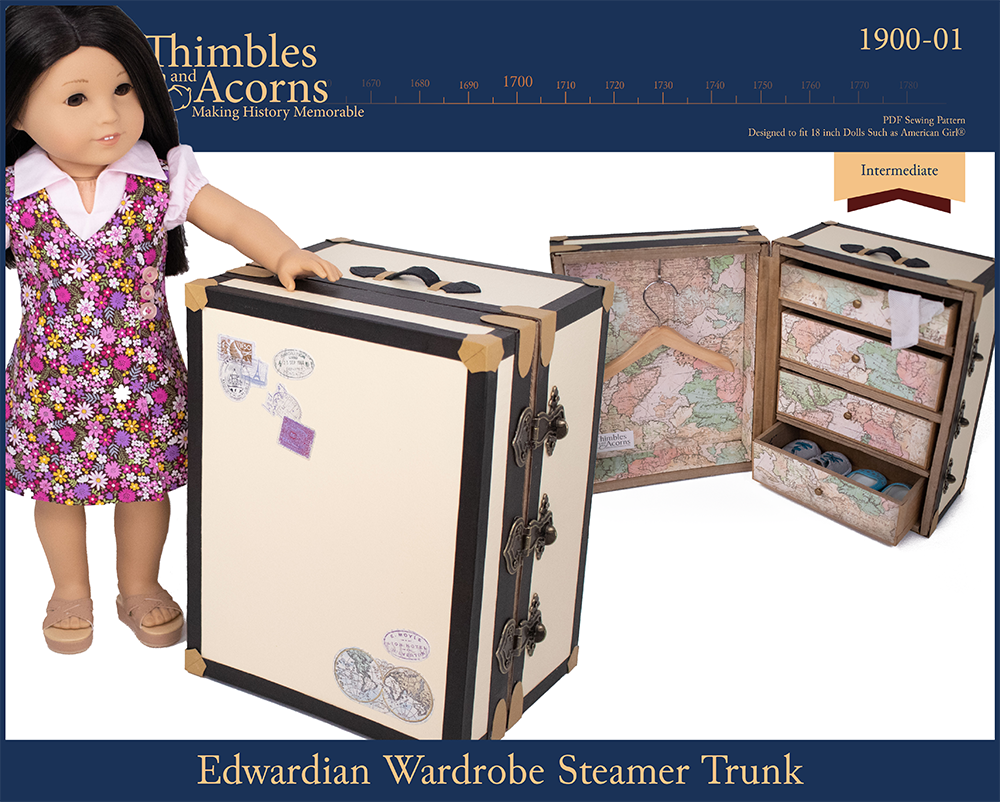 Thimbles and Acorns Edwardian Wardrobe Steamer Trunk For 18 Dolls