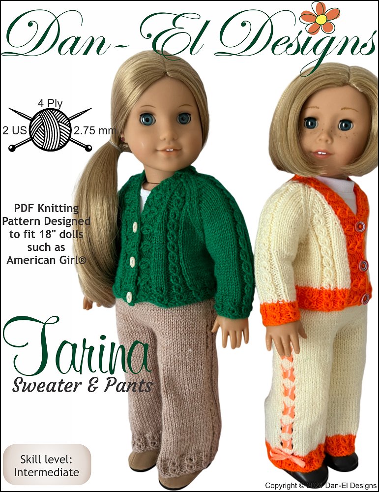 Dan-El Designs Knitting Tarina Sweater and Pants 18 inch Doll Clothes Knitting Pattern Pixie Faire