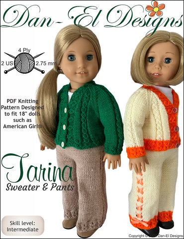 Dan-El Designs Knitting Tarina Sweater and Pants 18 inch Doll Clothes Knitting Pattern Pixie Faire