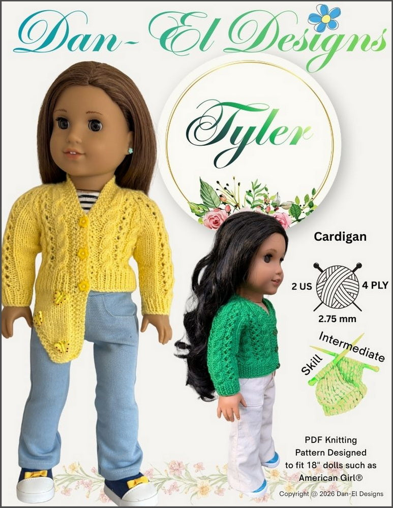 Dan-El Designs Knitting Tyler Cardigan 18" Doll Clothes Knitting Pattern Pixie Faire