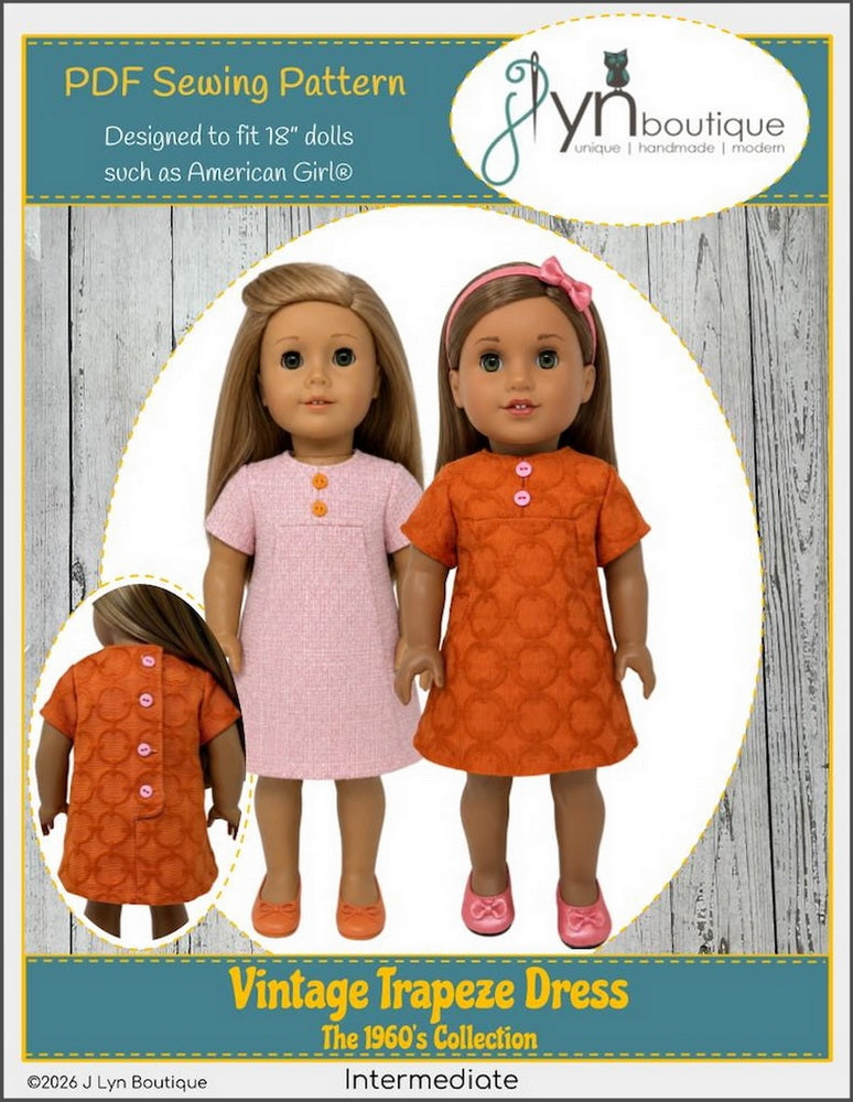 J Lyn Boutique 18 Inch Historical Vintage Trapeze Dress 18" Doll Clothes Pattern Pixie Faire
