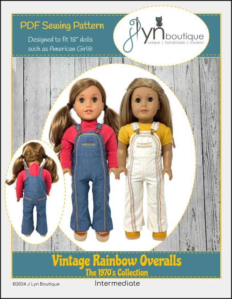 J Lyn Boutique 18 Inch Historical Vintage Rainbow Overalls 18" Doll Clothes Pattern Pixie Faire