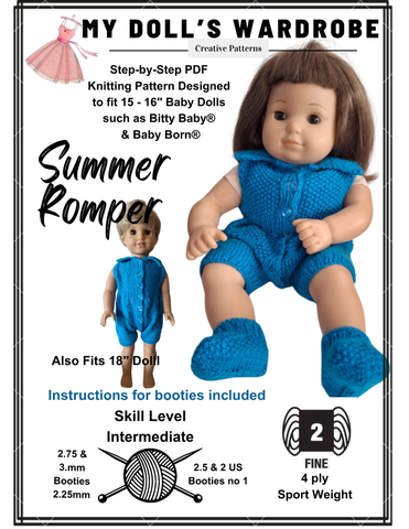 My Doll's Wardrobe Knitting Summer Romper 15-16" Baby Doll Clothes Knitting Pattern Pixie Faire