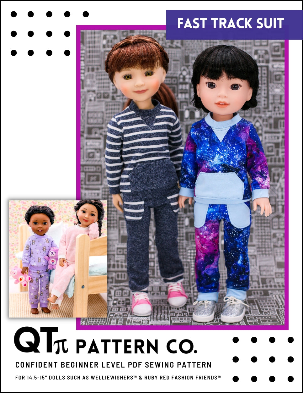 QTπ Pattern Co Ruby Red Fashion Friends Fast Track Suit 14.5-15" Doll Clothes Pattern Pixie Faire