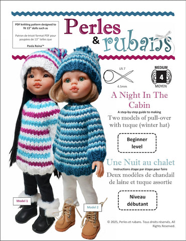 Perles & Rubans Knitting A Night in the Cabin Doll Clothes Knitting Pattern for 13" Paola Reina Dolls Pixie Faire