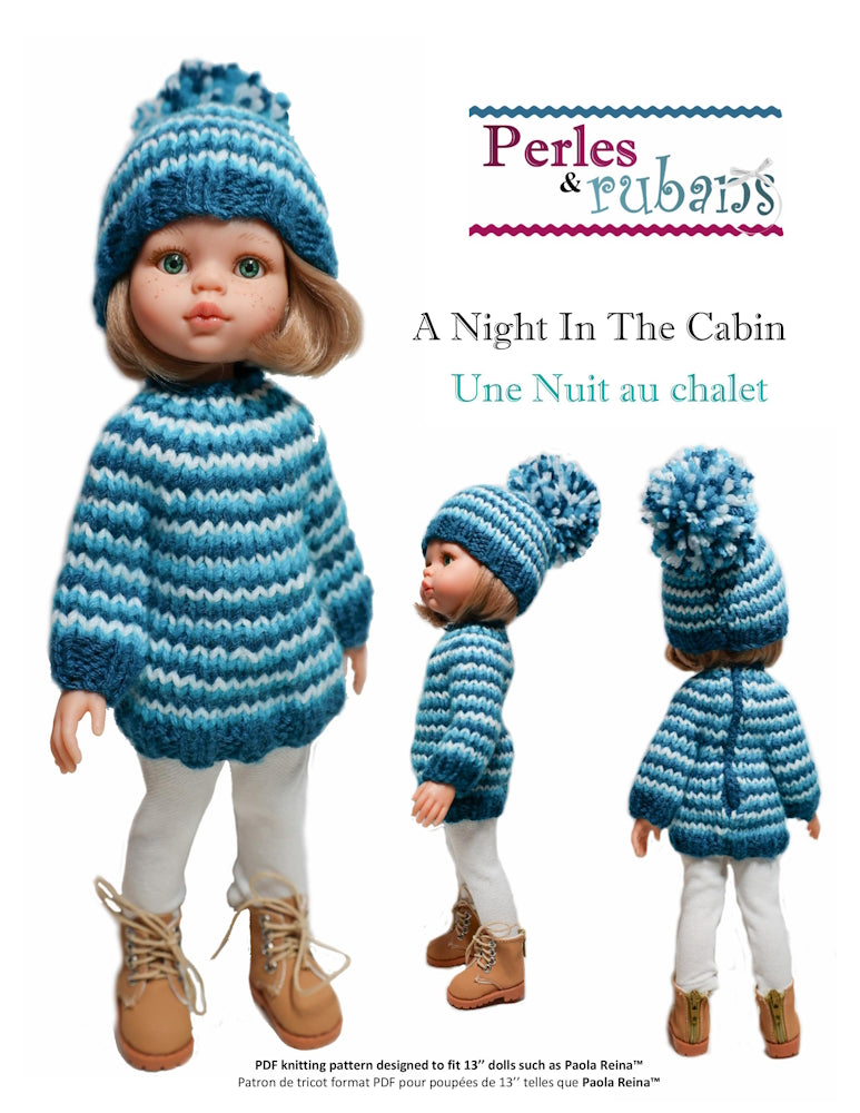 Perles & Rubans Knitting A Night in the Cabin Doll Clothes Knitting Pattern for 13" Paola Reina Dolls Pixie Faire