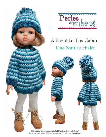 Perles & Rubans Knitting A Night in the Cabin Doll Clothes Knitting Pattern for 13" Paola Reina Dolls Pixie Faire