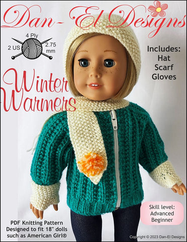 Dan-El Designs Knitting Winter Warmers 18 inch Doll Accessories Knitting Pattern Pixie Faire