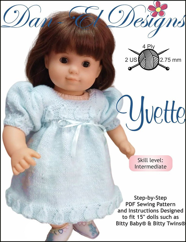 Dan-El Designs Knitting Yvette 15" Baby Doll Clothes Knitting Pattern Pixie Faire