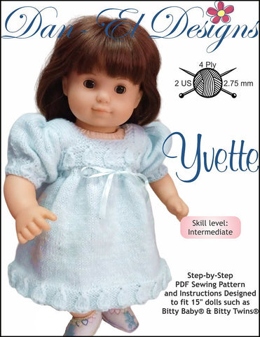 Dan-El Designs Knitting Yvette 15" Baby Doll Clothes Knitting Pattern Pixie Faire
