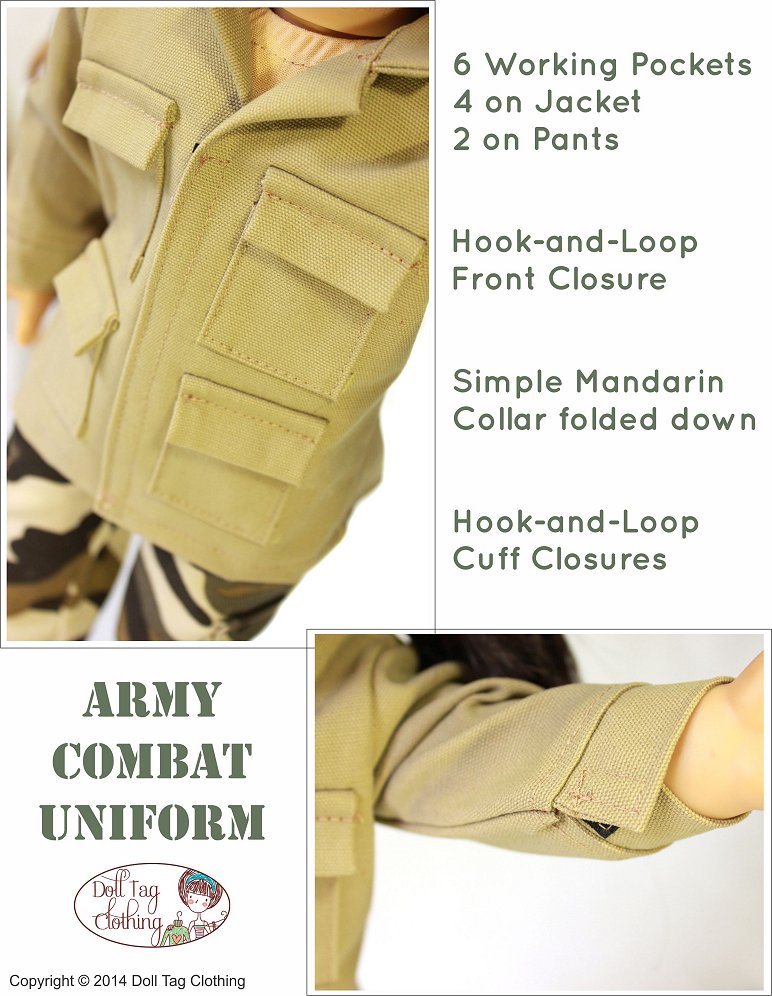 Doll Tag Clothing 18 Inch Modern Army Combat Uniform 18" Doll Clothes Pattern Pixie Faire