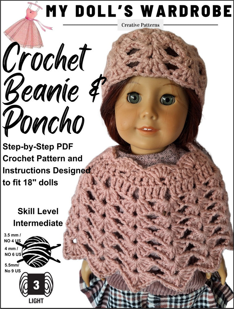 My Doll's Wardrobe Crochet Crochet Beanie & Poncho 18" Doll Clothes Crochet Pattern Pixie Faire