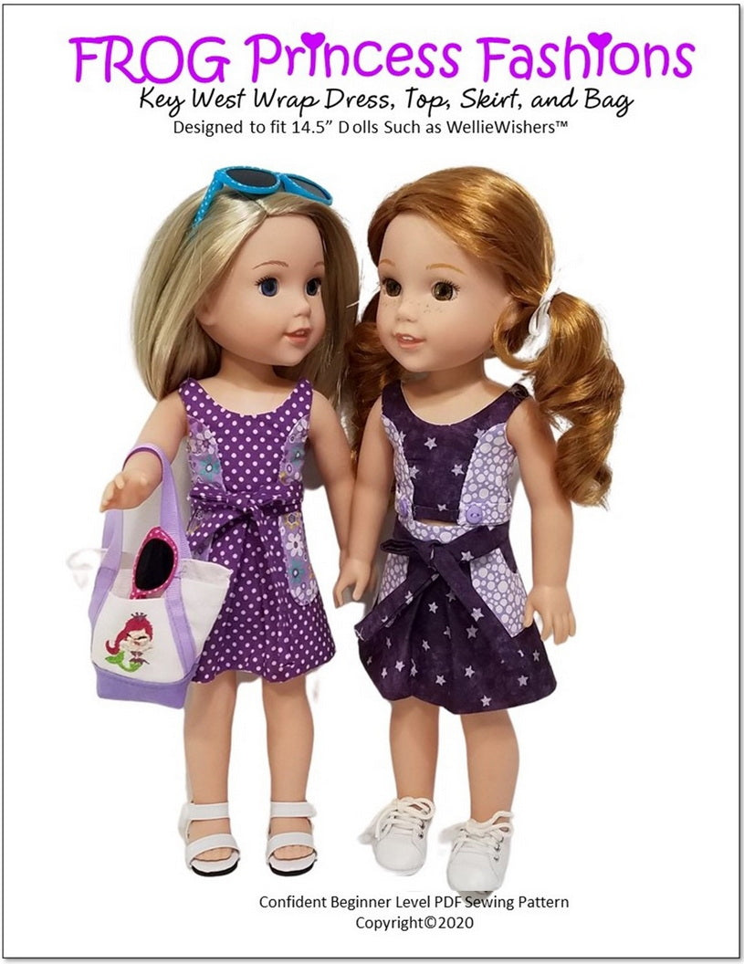 Frog Princess Fashions WellieWishers Key West Wrap Dress, Top, Skirt, and Bag 14.5" Doll Clothes Pattern Pixie Faire