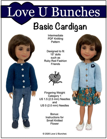 Love U Bunches Knitting Basic Cardigan 15" Doll Clothes Knitting Pattern for Ruby Red Fashion Friends Pixie Faire