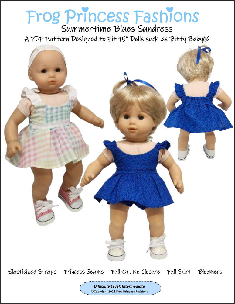 Frog Princess Fashions Bitty Baby/Twin Summertime Blues Sundress 15" Baby Doll Clothes Pattern Pixie Faire
