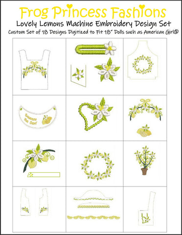 Frog Princess Fashions Machine Embroidery Design Lovely Lemons Machine Embroidery Design Set For 18" Doll Clothes Pixie Faire