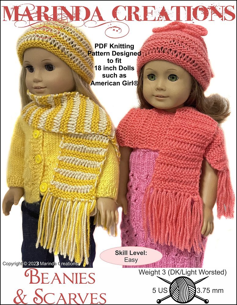 Marinda Creations Knitting Beanies and Scarves 18" Doll Clothes Knitting Pattern Pixie Faire