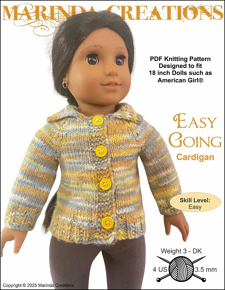 Marinda Creations Knitting Easy Going Cardigan 18" Doll Clothes Knitting Pattern Pixie Faire
