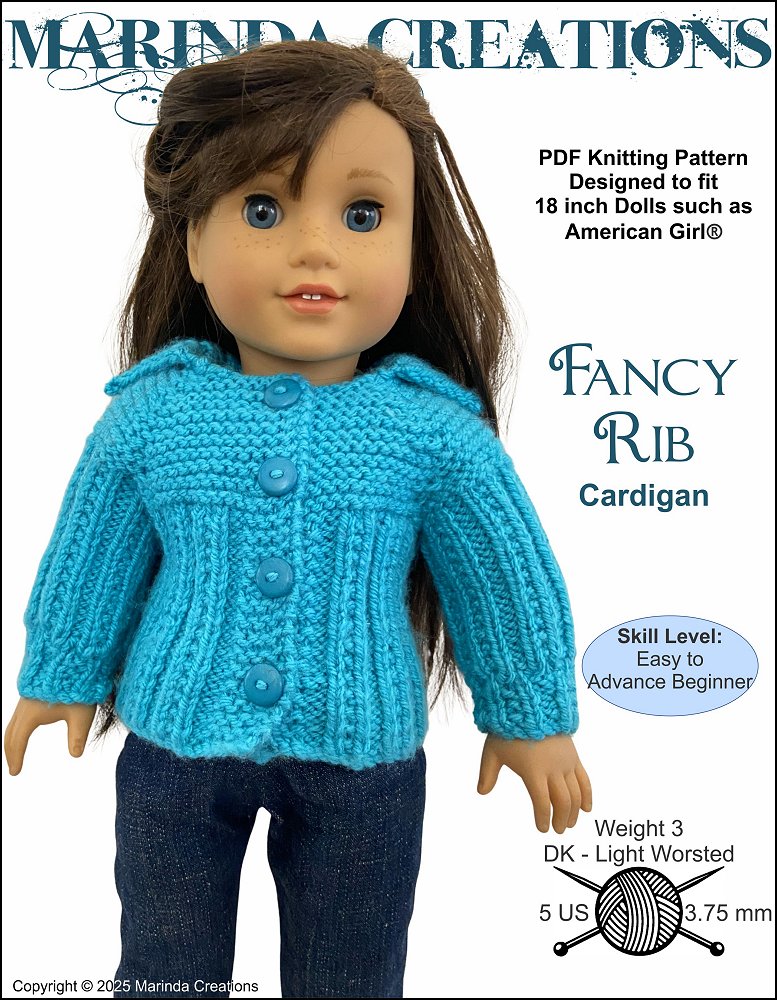 Marinda Creations Knitting Fancy Rib Cardigan 18" Doll Clothes Knitting Pattern Pixie Faire