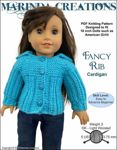 Marinda Creations Knitting Fancy Rib Cardigan 18" Doll Clothes Knitting Pattern Pixie Faire
