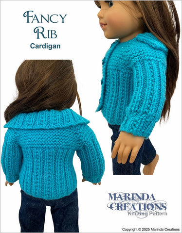 Marinda Creations Knitting Fancy Rib Cardigan 18" Doll Clothes Knitting Pattern Pixie Faire