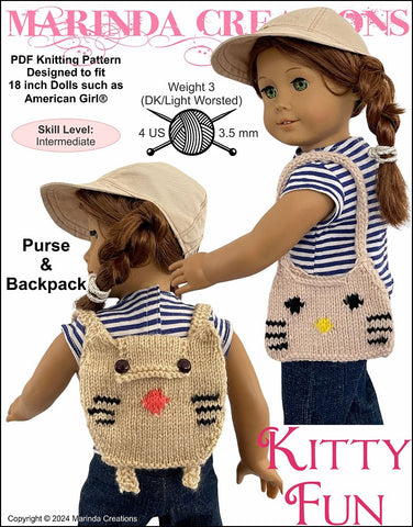 Marinda Creations Knitting Kitty Fun Purse and Backpack 18" Doll Clothes Accessory Knitting Pattern Pixie Faire