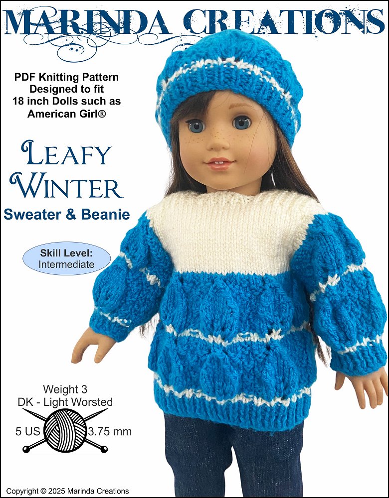 Marinda Creations Knitting Leafy Winter Sweater and Beanie 18" Doll Clothes Knitting Pattern Pixie Faire