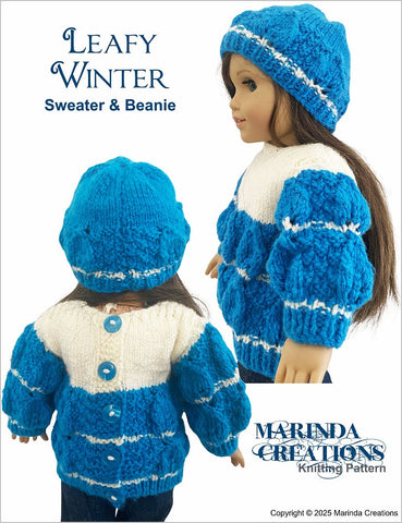 Marinda Creations Knitting Leafy Winter Sweater and Beanie 18" Doll Clothes Knitting Pattern Pixie Faire