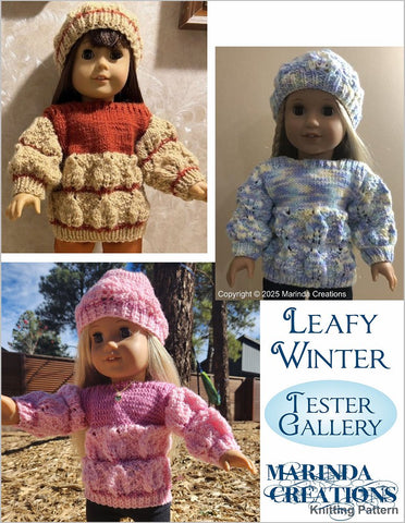 Marinda Creations Knitting Leafy Winter Sweater and Beanie 18" Doll Clothes Knitting Pattern Pixie Faire