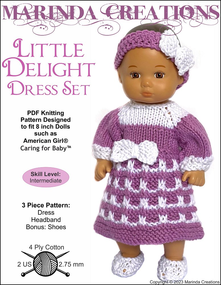 Marinda Creations 8" Baby Dolls Little Delight Dress Set 8" Baby Doll Clothes Knitting Pattern Pixie Faire
