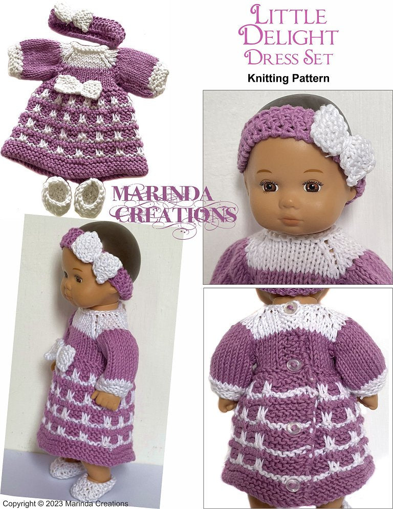 Marinda Creations 8" Baby Dolls Little Delight Dress Set 8" Baby Doll Clothes Knitting Pattern Pixie Faire
