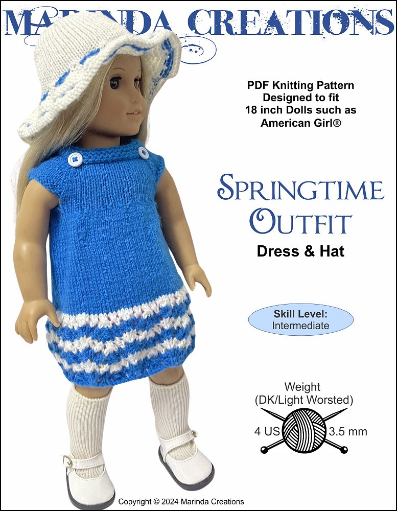 Marinda Creations Knitting Springtime Outfit Dress and Hat 18" Doll Knitting Pattern Pixie Faire