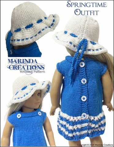 Marinda Creations Knitting Springtime Outfit Dress and Hat 18" Doll Knitting Pattern Pixie Faire