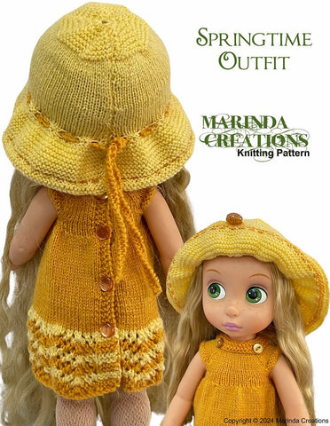 Marinda Creations Knitting Springtime Outfit Dress and Hat Doll Knitting Pattern for Disney Animator Dolls Pixie Faire