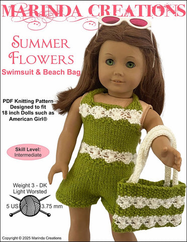 Marinda Creations Knitting Summer Flowers Swimsuit and Beach Bag 18" Doll Clothes Knitting Pattern Pixie Faire