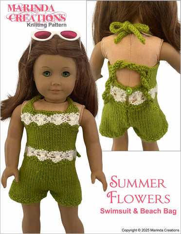 Marinda Creations Knitting Summer Flowers Swimsuit and Beach Bag 18" Doll Clothes Knitting Pattern Pixie Faire