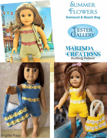 Marinda Creations Knitting Summer Flowers Swimsuit and Beach Bag 18" Doll Clothes Knitting Pattern Pixie Faire