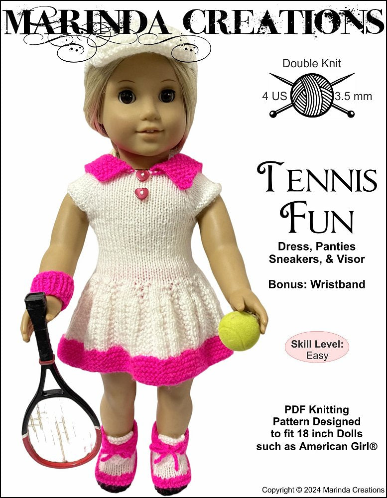 Marinda Creations Knitting Tennis Fun 18" Doll Knitting Pattern Pixie Faire