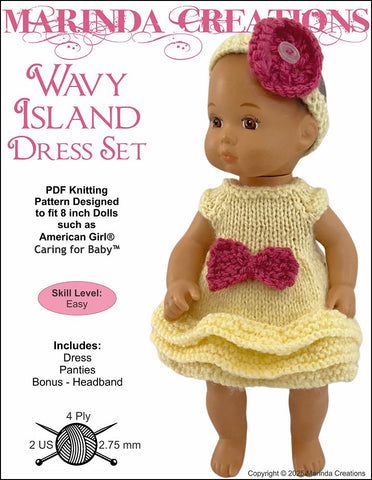 Marinda Creations Knitting Wavy Island Dress Set Doll Knitting Pattern for 8" Baby Dolls Pixie Faire