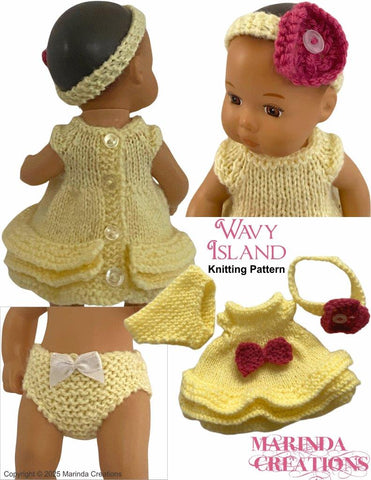 Marinda Creations Knitting Wavy Island Dress Set Doll Knitting Pattern for 8" Baby Dolls Pixie Faire