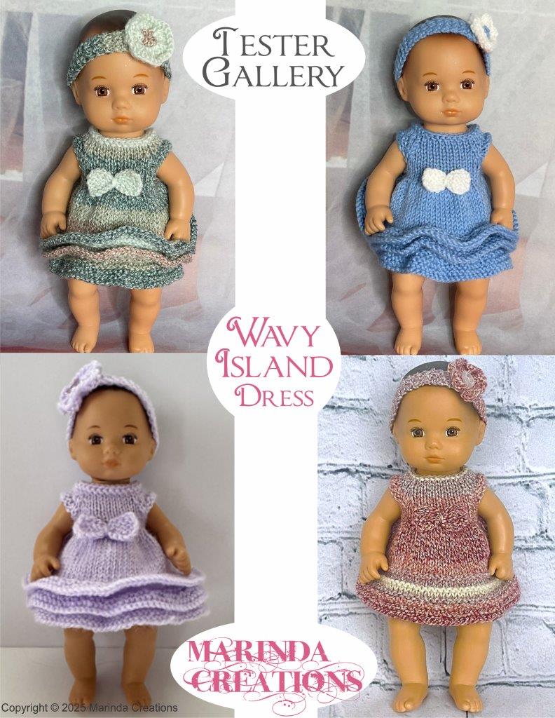 Marinda Creations Knitting Wavy Island Dress Set Doll Knitting Pattern for 8" Baby Dolls Pixie Faire