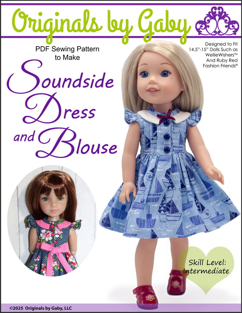 Originals by Gaby WellieWishers Soundside Dress and Blouse 14.5-15" Doll Clothes Pattern Pixie Faire