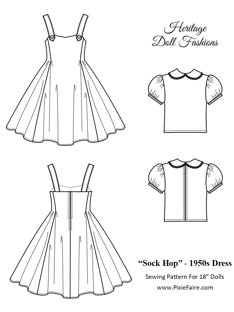 PF House Brand 18 Inch Historical 1950's Sock Hop Dress 18" Doll Clothes Pattern Pixie Faire