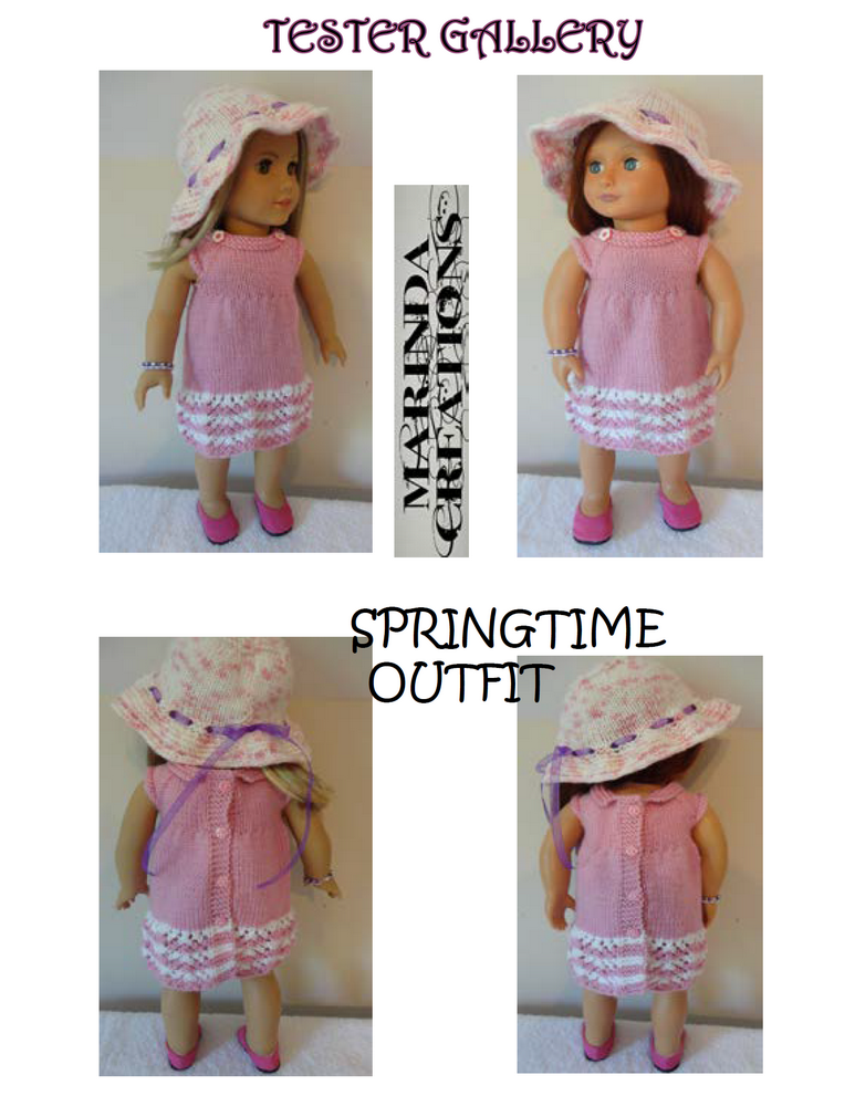 Marinda Creations Knitting Springtime Outfit Dress and Hat 18" Doll Knitting Pattern Pixie Faire