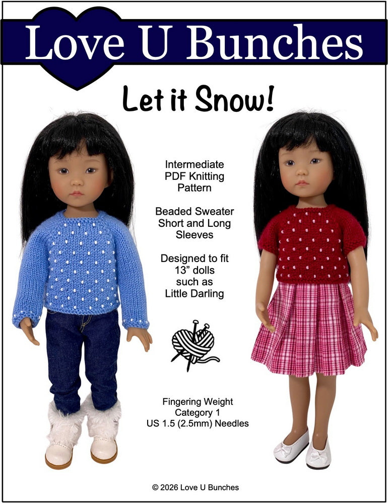 Love U Bunches Knitting Let it Snow! Sweater 13" Doll Clothes Knitting Pattern for Little Darling Dolls Pixie Faire