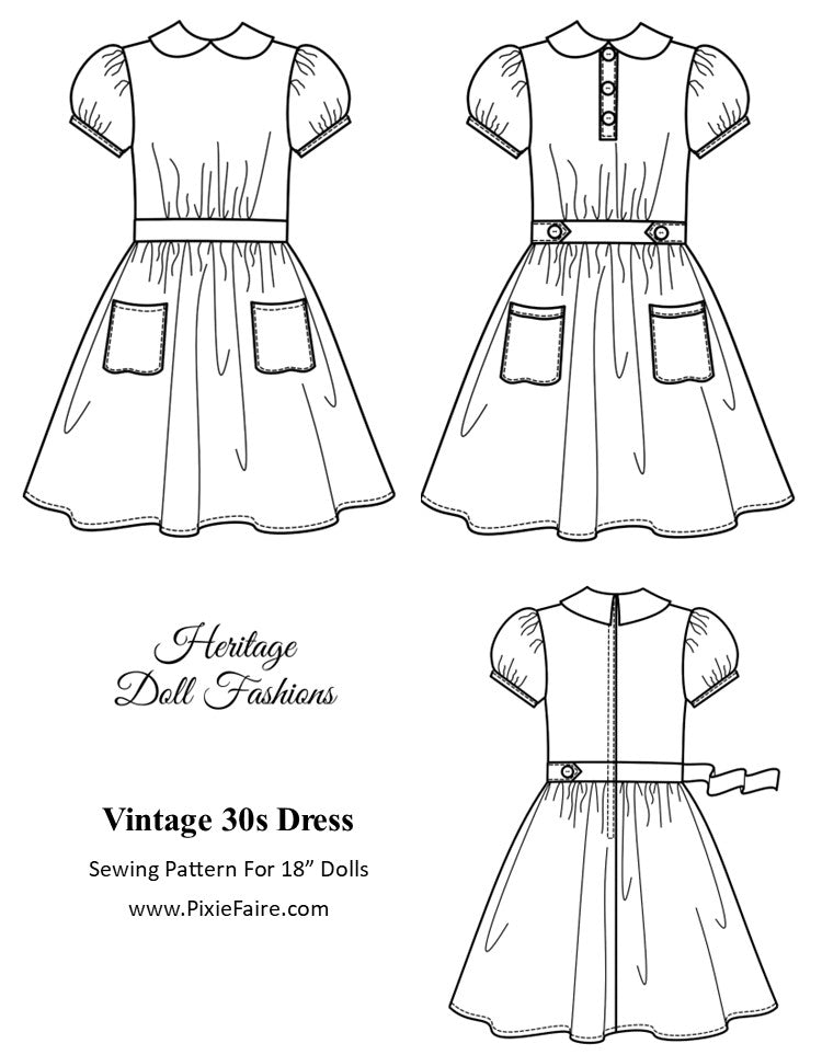PF House Brand 18 Inch Historical 1930's Vintage Dress Pattern 18" Doll Clothes Pixie Faire