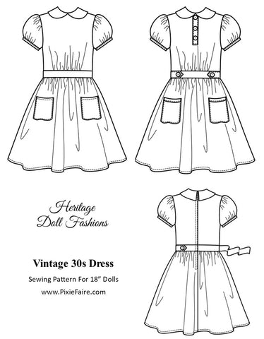 PF House Brand 18 Inch Historical 1930's Vintage Dress Pattern 18" Doll Clothes Pixie Faire