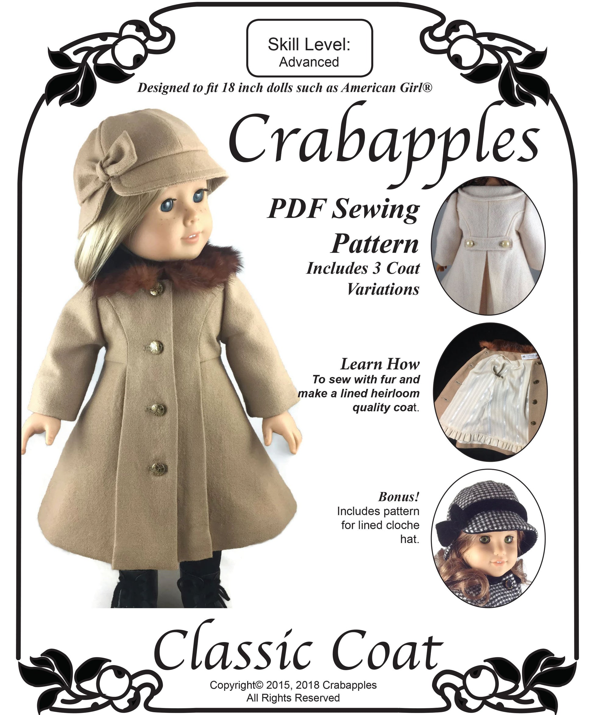Crabapples 18 Inch Modern Classic Coat and Hat 18" Doll Clothes Pattern Pixie Faire